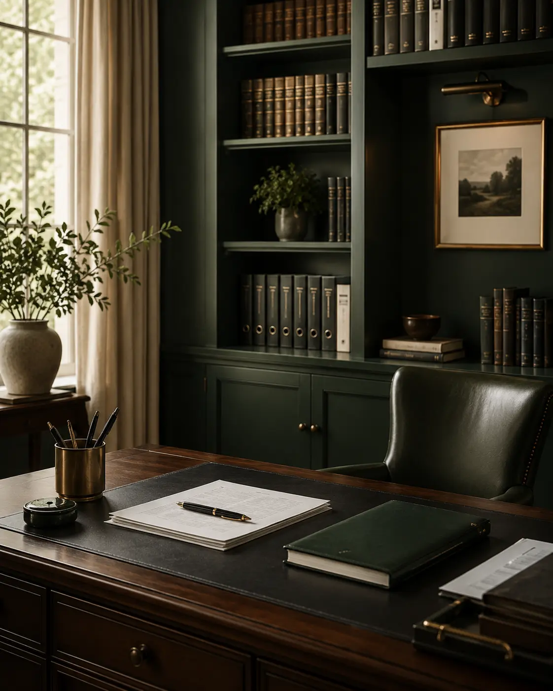 Organized professional desk with legal documents and notebook
