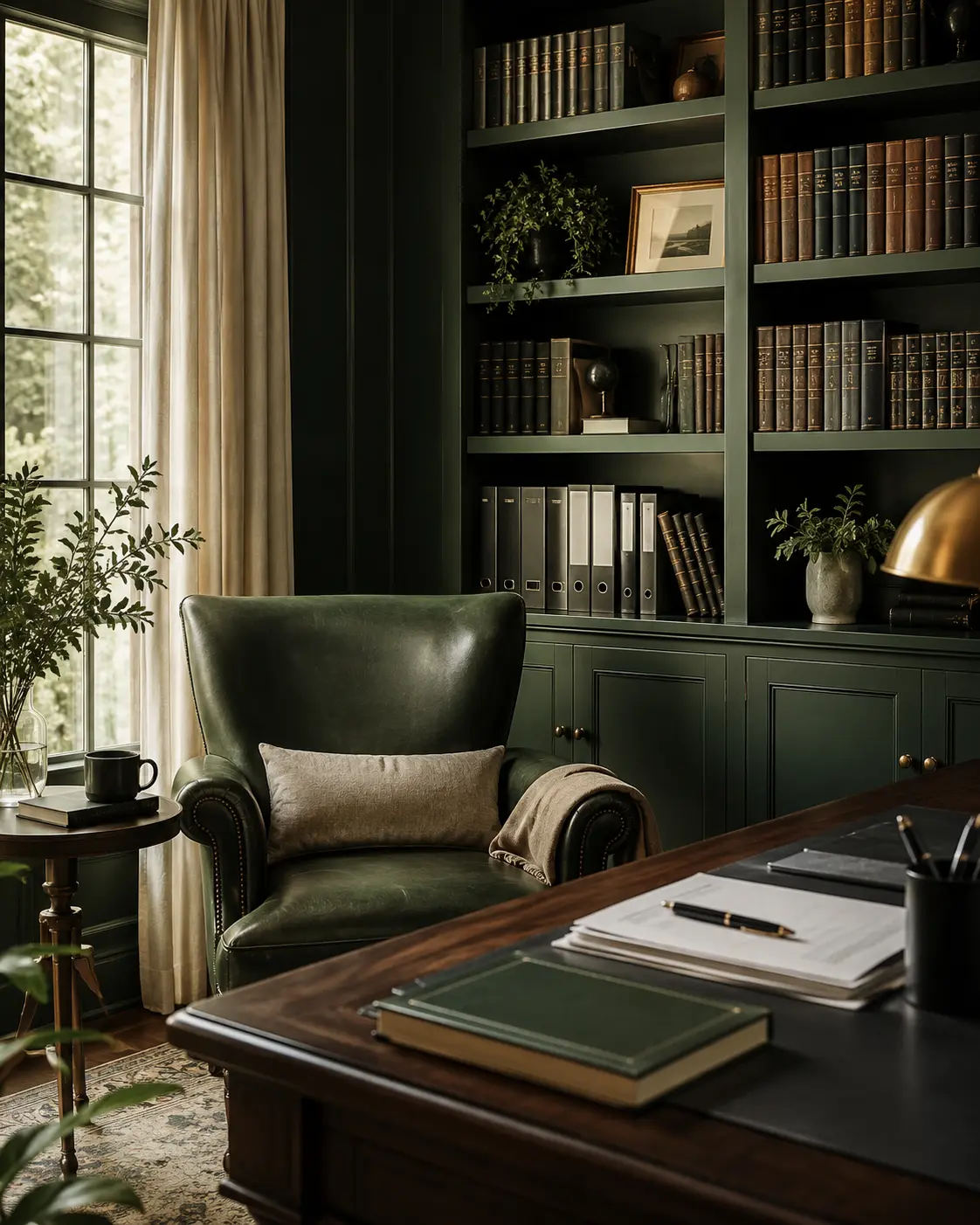 Refined study with dark green built-in shelving, leather chair, and warm lighting